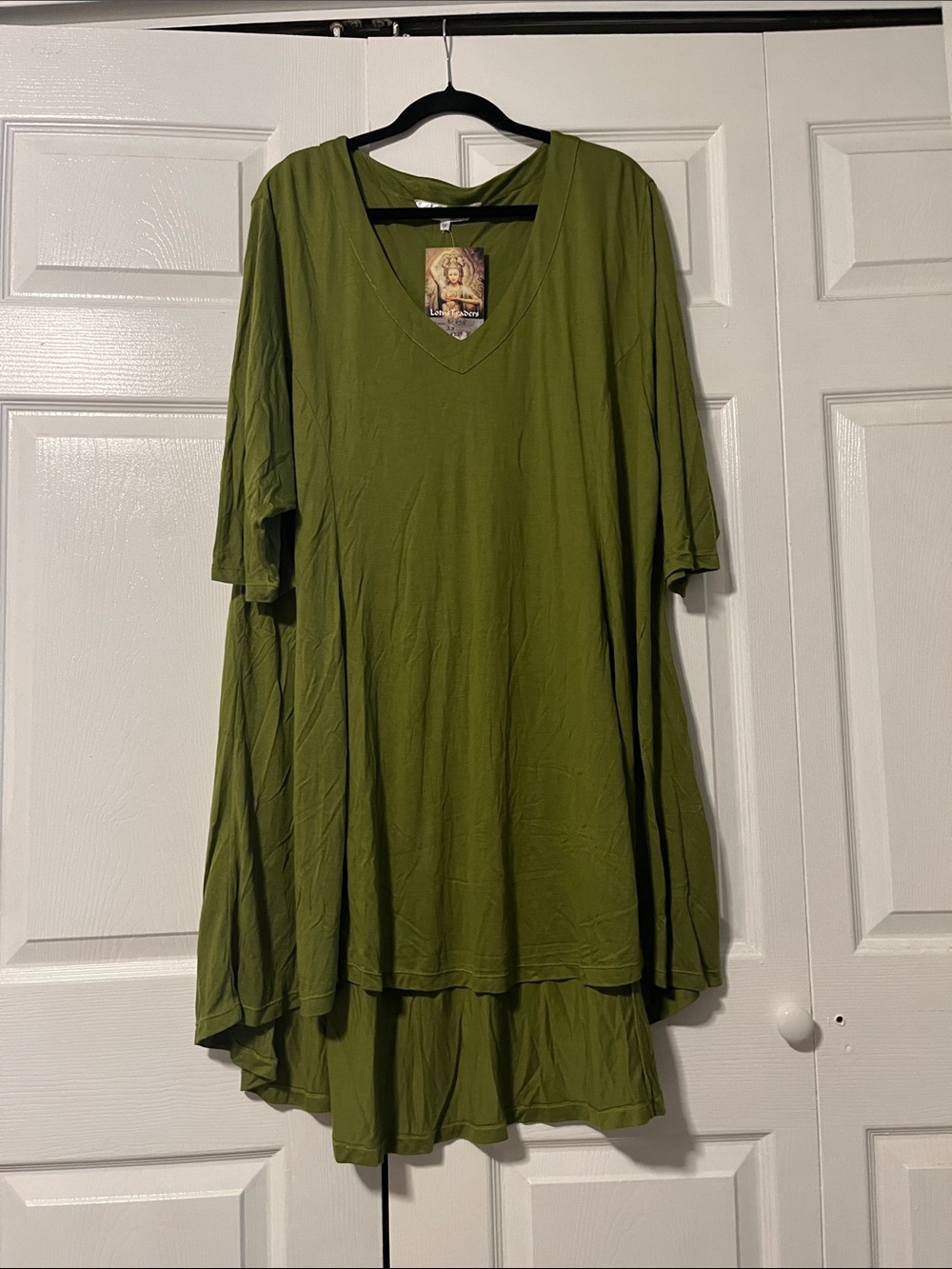 NWT Lotustraders Women's Asymmetrical Olive Green V-Neck Dress